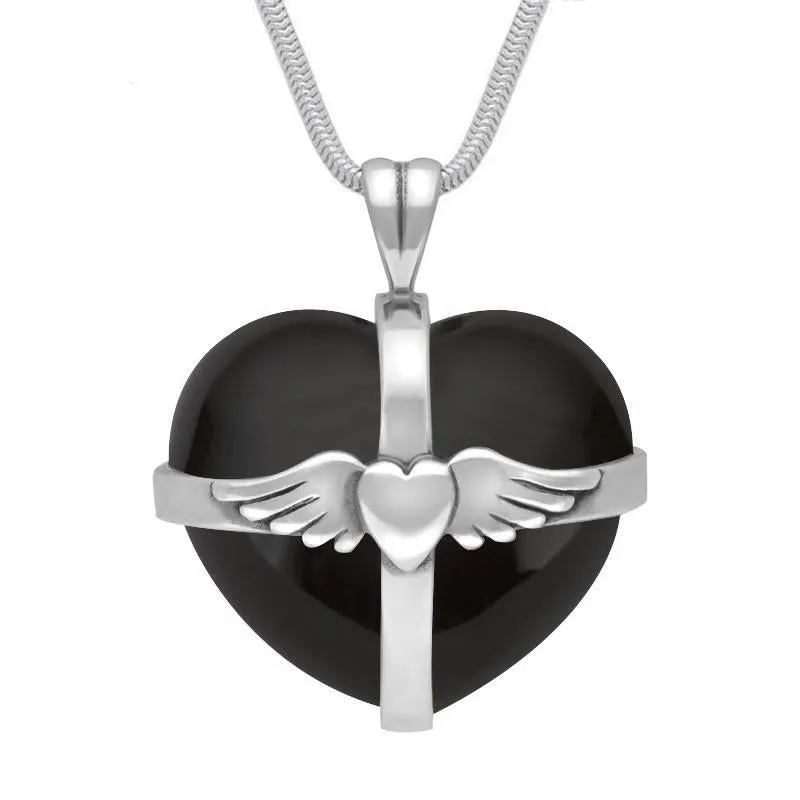 Sterling Silver Whitby Jet Large Winged Cross Heart Necklace sold by Jura Watches