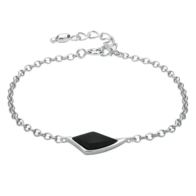 Sterling Silver Whitby Jet Curved Diamond Shaped Bracelet sold by Jura Watches