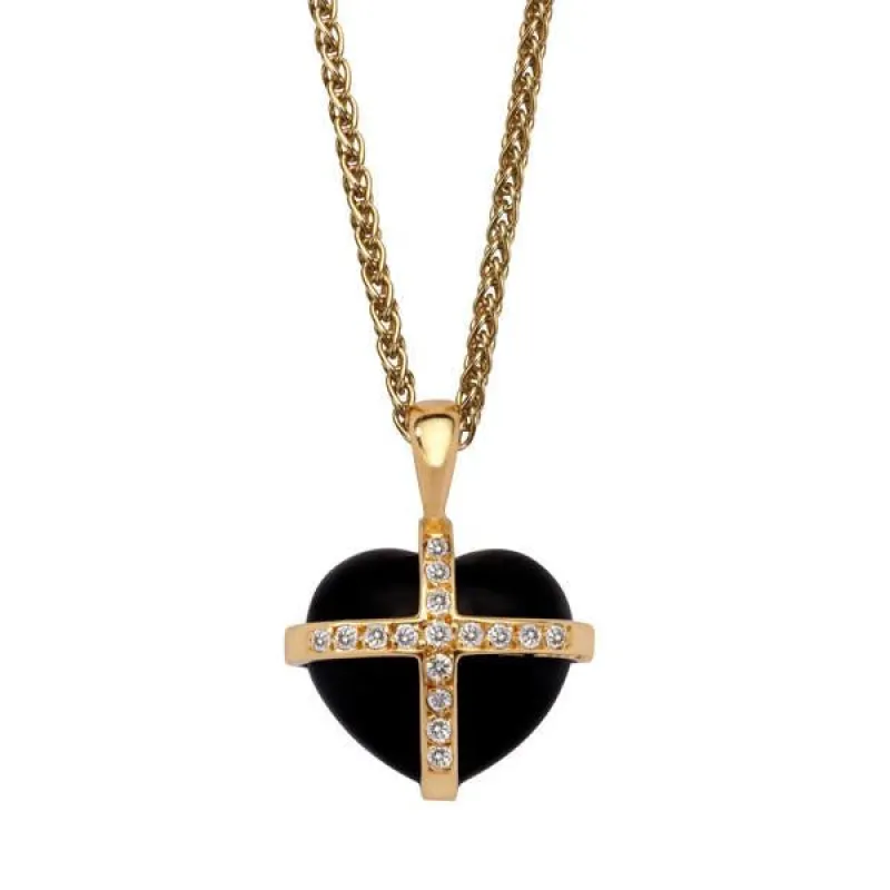 18ct Yellow Gold Whitby Jet 0.16ct Diamond Small Cross Heart Necklace sold by Jura Watches