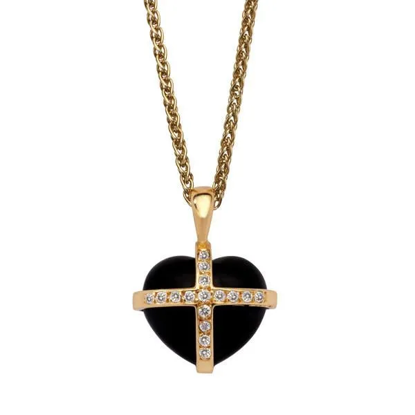 18ct Yellow Gold Whitby Jet 0.16ct Diamond Small Cross Heart Necklace sold by Jura Watches