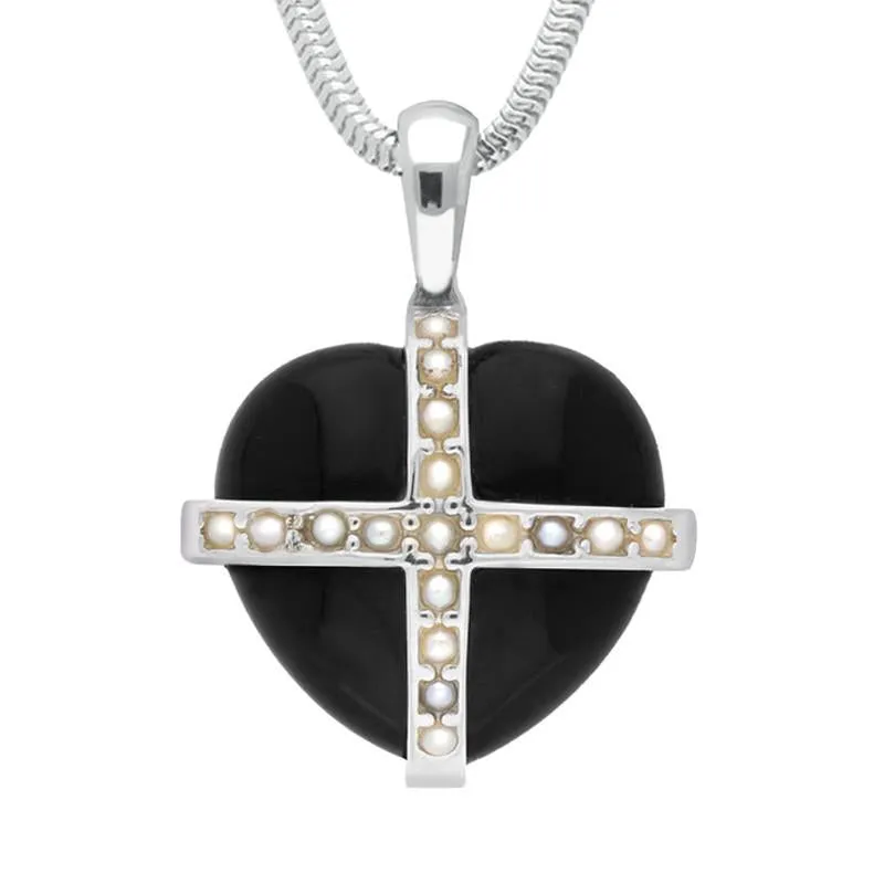Sterling Silver Whitby Jet Seventeen Pearl Small Cross Heart Necklace sold by Jura Watches
