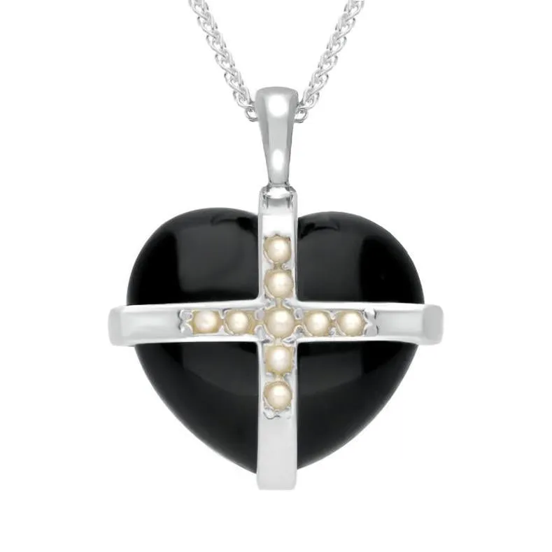 Sterling Silver Whitby Jet Nine Pearl Medium Cross Heart Necklace sold by Jura Watches