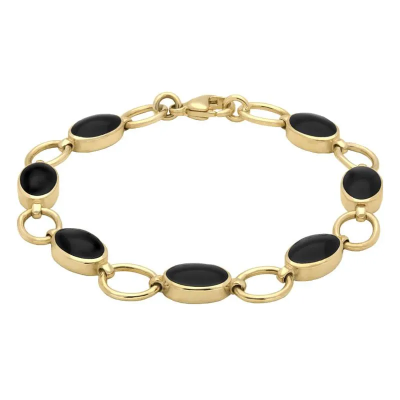9ct Yellow Gold Whitby Jet Seven Oval Stone Bracelet sold by Jura Watches