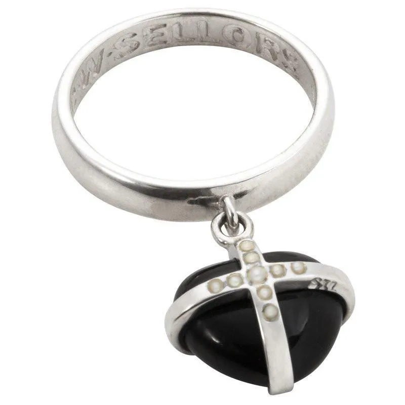 Silver Whitby Jet Nine Pearl Small Cross Heart Dropper Ring sold by Jura Watches