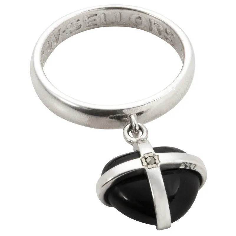 Silver Whitby Jet One Marcasite Small Cross Heart Dropper Ring sold by Jura Watches