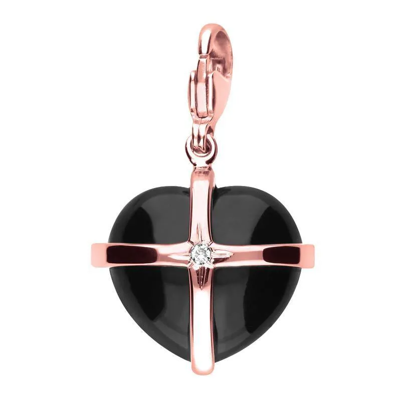 18ct Rose Gold Whitby Jet One Diamond Large Cross Heart Charm sold by Jura Watches