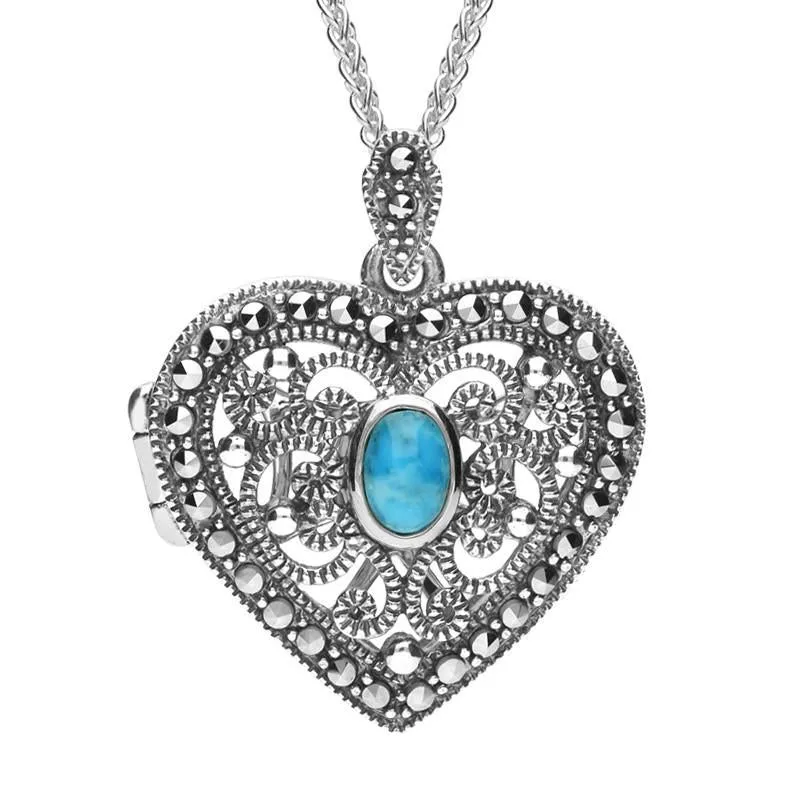 Sterling Silver Turquoise Marcasite Heart Locket Necklace made by C.W. Sellors