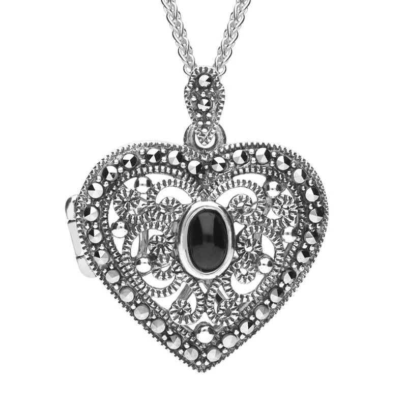 Sterling Silver Whitby Jet Marcasite Heart Locket Necklace sold by Jura Watches