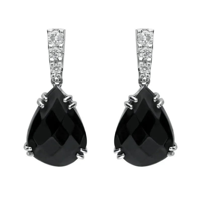18ct White Gold Whitby Jet 0.19ct Diamond Faceted Pear Drop Earrings sold by Jura Watches