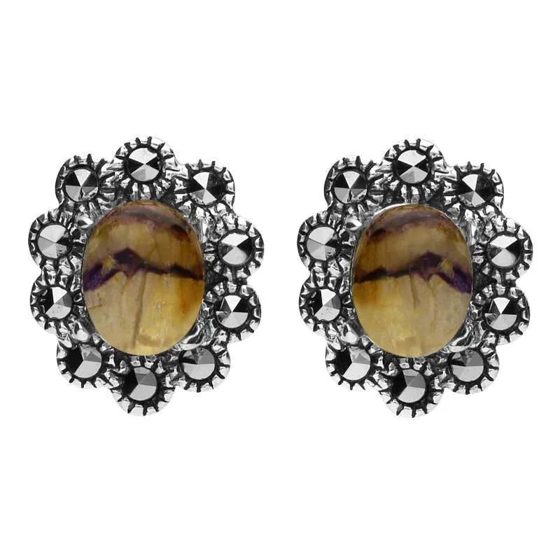 Sterling Silver Blue John Marcasite Large Oval Beaded Edge Stud Earrings sold by Jura Watches