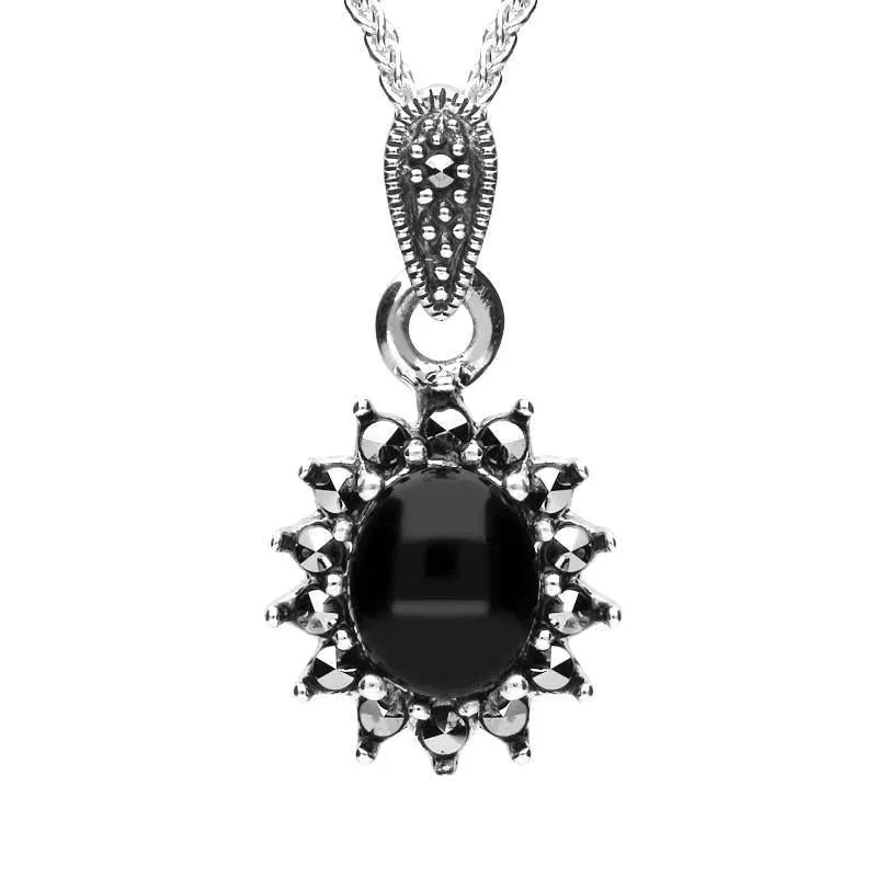 Sterling Silver Whitby Jet Marcasite Oval Bead Edge Necklace sold by Jura Watches
