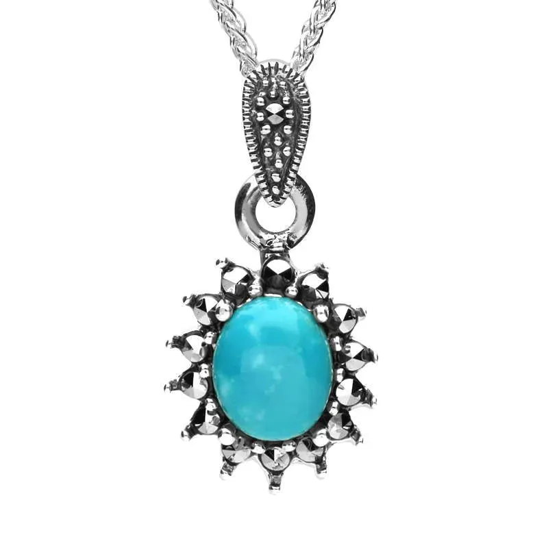 Sterling Silver Turquoise Marcasite Oval Bead Edge Necklace sold by Jura Watches