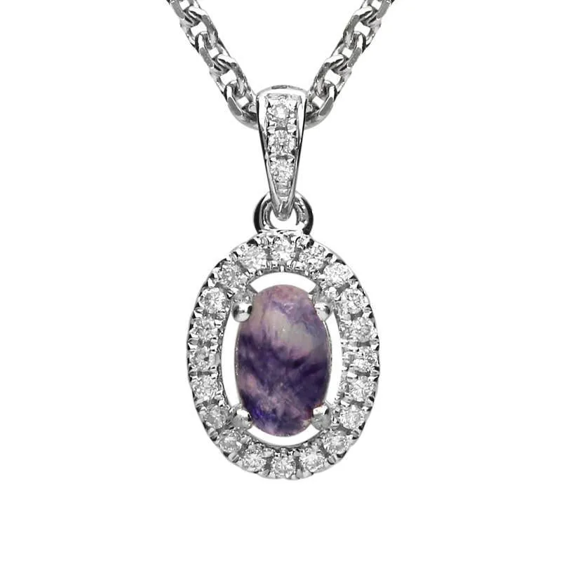 18ct White Gold Blue John and Diamond Oval Necklace sold by Jura Watches