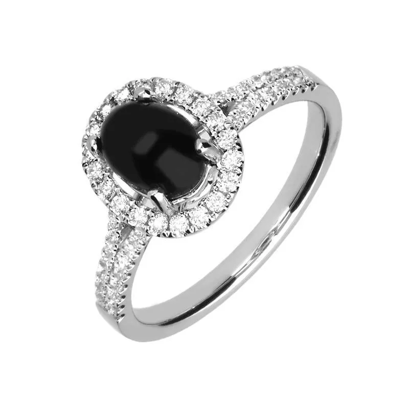 18ct White Gold Whitby Jet 0.38ct Diamond Oval Shoulder Ring sold by Jura Watches