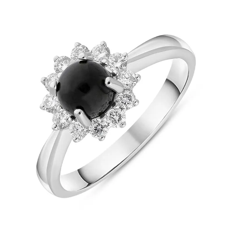 18ct White Gold Whitby Jet 0.40ct Diamond Round Flower Ring sold by Jura Watches