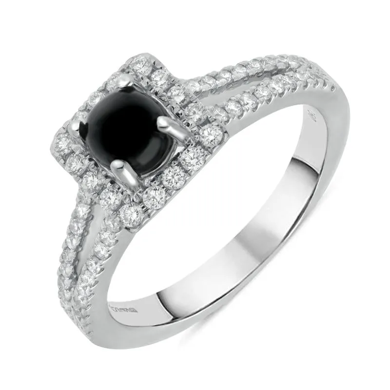 18ct White Gold Whitby Jet 0.38ct Diamond Cushion Split Shank Ring made by C.W. Sellors
