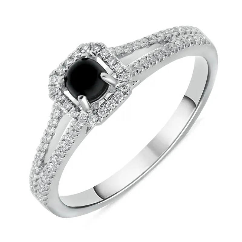 18ct White Gold Whitby Jet 0.21ct Diamond Cushion Split Shank Ring sold by Jura Watches
