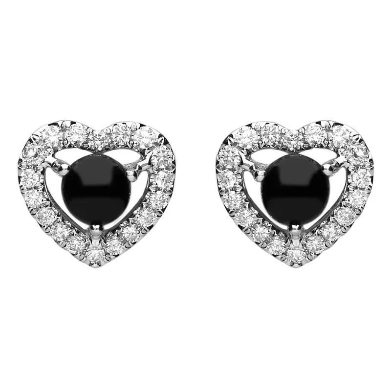 18ct White Gold Whitby Jet 0.33ct Diamond Heart Stud Earrings sold by Jura Watches
