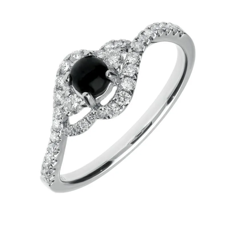 18ct White Gold Whitby Jet 0.34ct Diamond Round Cross Over Ring sold by Jura Watches
