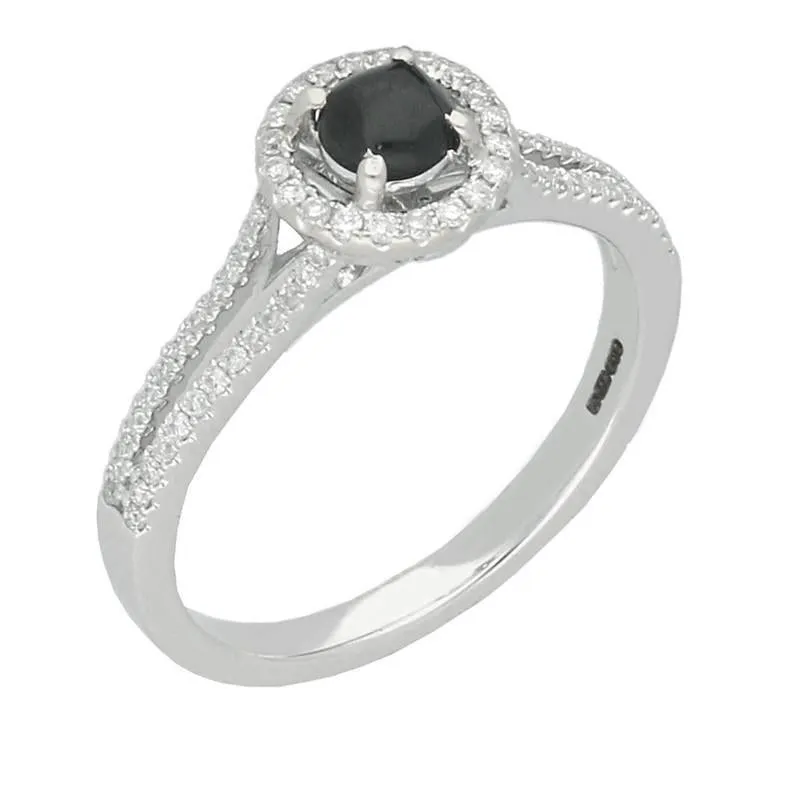 18ct White Gold Whitby Jet 0.31ct Diamond Round Split Shank Ring sold by Jura Watches