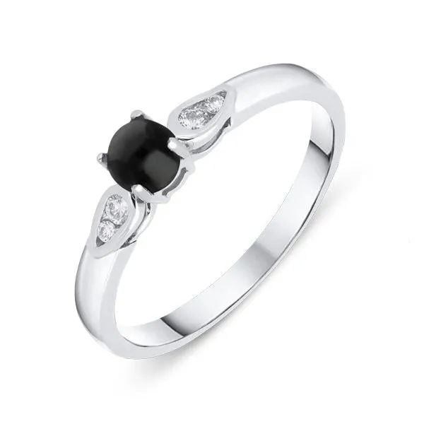 18ct White Gold Whitby Jet 0.10ct Diamond Shoulders Ring sold by Jura Watches