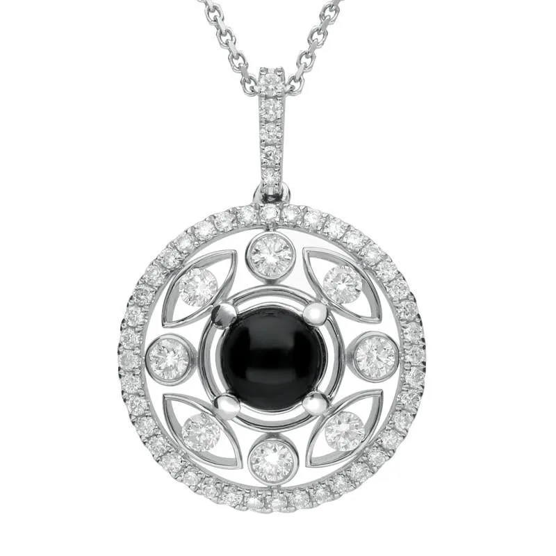 18ct White Gold Whitby Jet 0.60ct Diamond Surround Round Necklace sold by Jura Watches