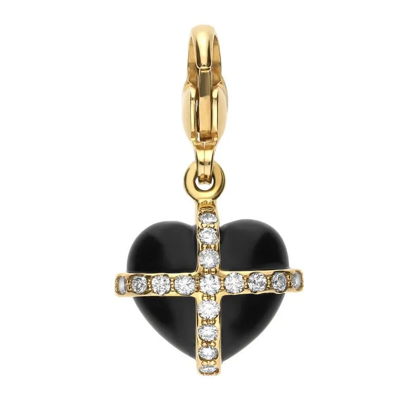 18ct Yellow Gold Whitby Jet 0.16ct Diamond Small Cross Heart Charm sold by Jura Watches