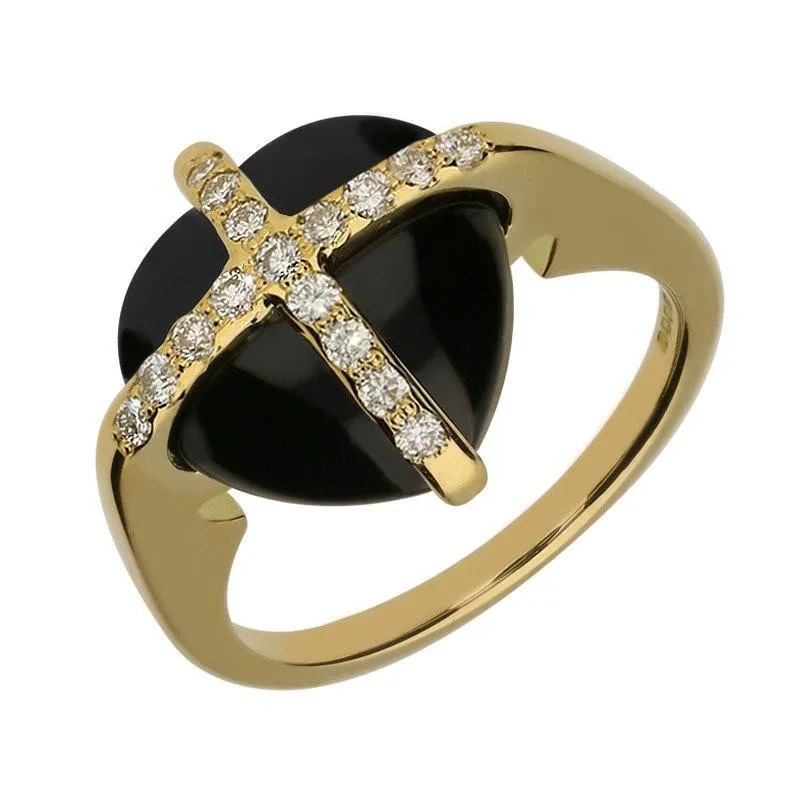 18ct Yellow Gold Whitby Jet Diamond Small Cross Heart Ring sold by Jura Watches