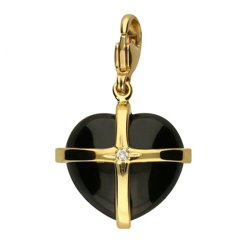 18ct Yellow Gold Whitby Jet Diamond Medium Cross Heart Charm sold by Jura Watches