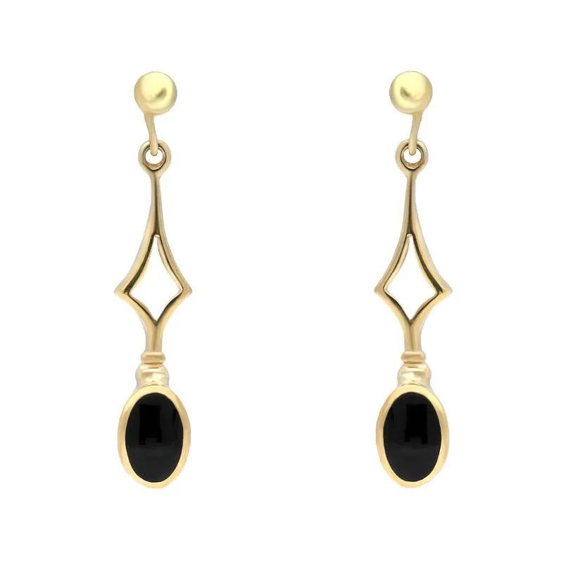 9ct Yellow Gold Whitby Jet Diamond Shape Oval Drop Earrings sold by Jura Watches