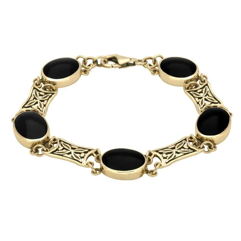 9ct Yellow Gold Whitby Jet Five Stone Pierced Oval Bracelet sold by Jura Watches