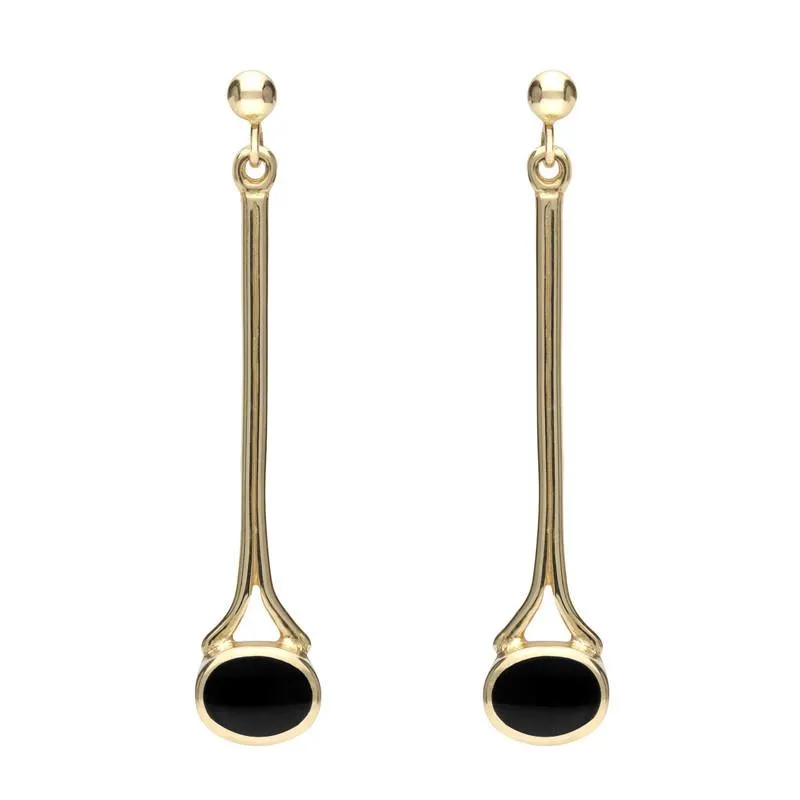 9ct Yellow Gold Whitby Jet Long Drop Earrings sold by Jura Watches