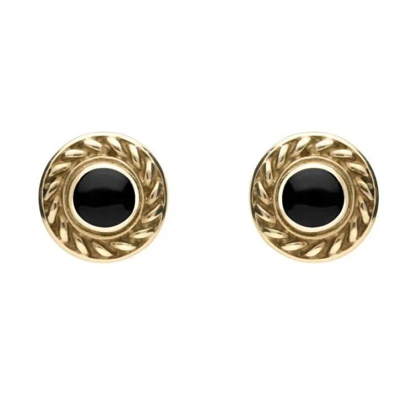 9ct Yellow Gold Whitby Jet Round Rope Edge Stud Earrings sold by Jura Watches