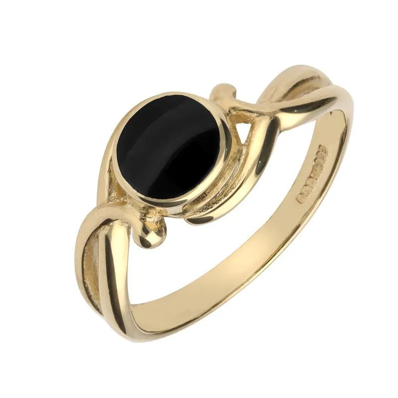 9ct Yellow Gold Whitby Jet Round Scroll Ring sold by Jura Watches