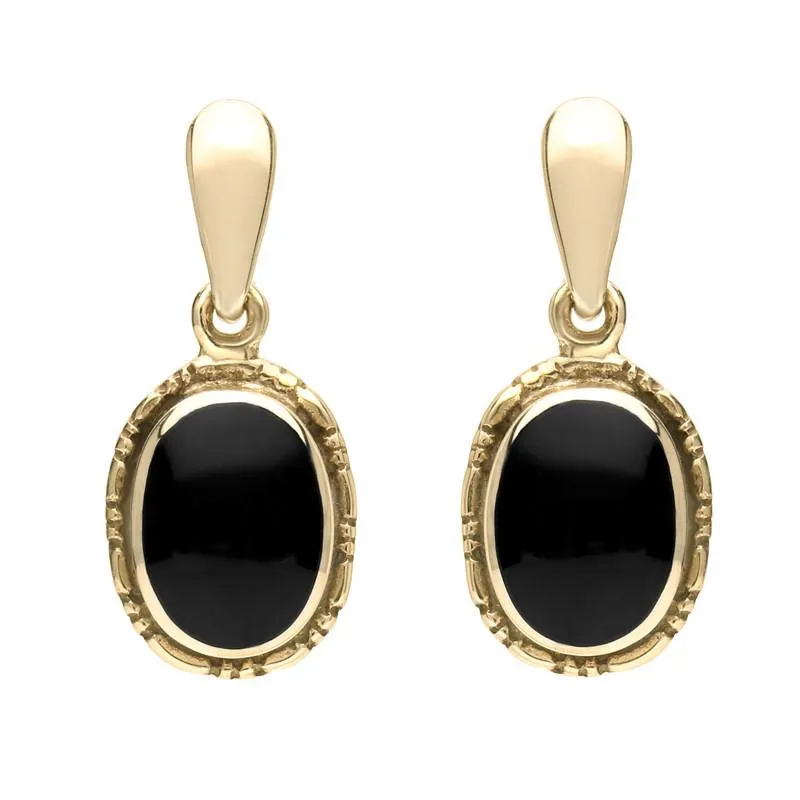 9ct Yellow Gold Whitby Jet Oval Rope Edge Drop Earrings sold by Jura Watches