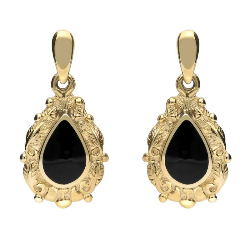 9ct Yellow Gold Whitby Jet Pear Shaped Leaf Drop Earrings sold by Jura Watches
