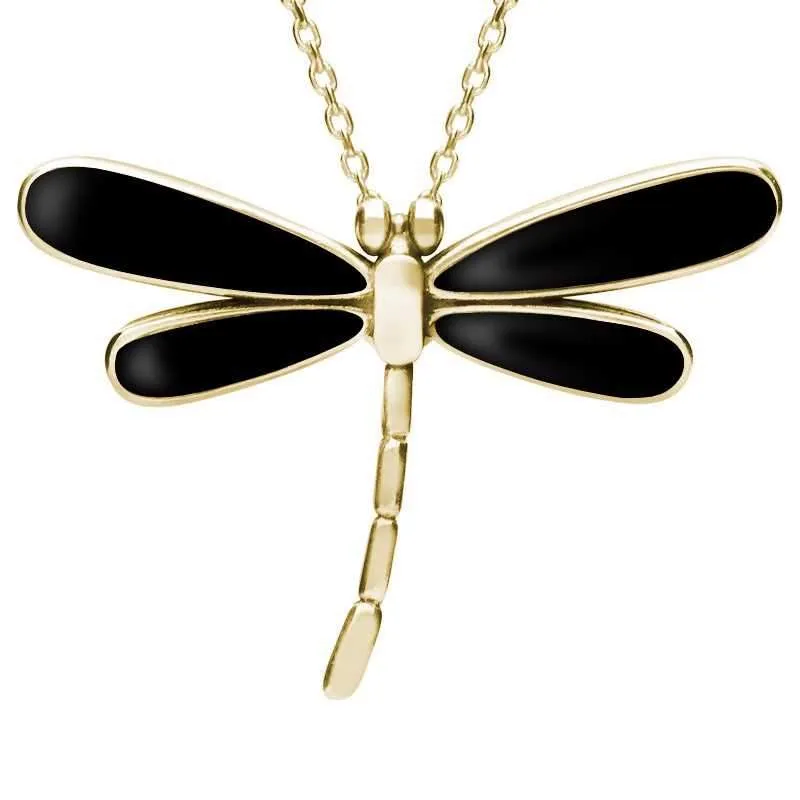 9ct Yellow Gold Whitby Jet Four Stone Small Dragonfly Necklace sold by Jura Watches
