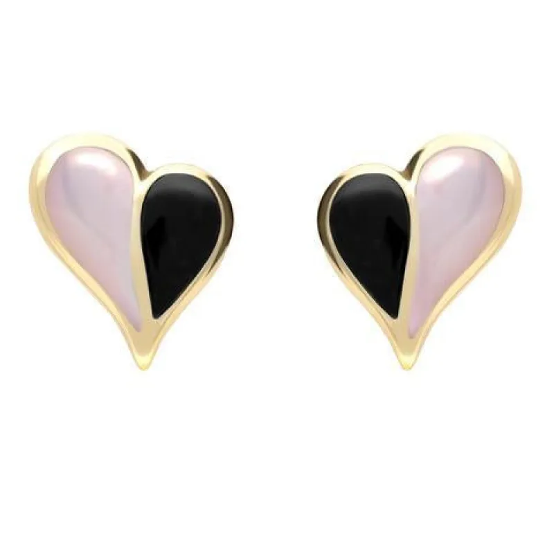 9ct Yellow Gold Whitby Jet Pink Mother of Pearl Split Heart Stud Earrings sold by Jura Watches
