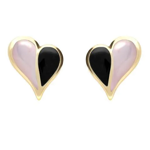 9ct Yellow Gold Whitby Jet Pink Mother of Pearl Split Heart Stud Earrings sold by Jura Watches