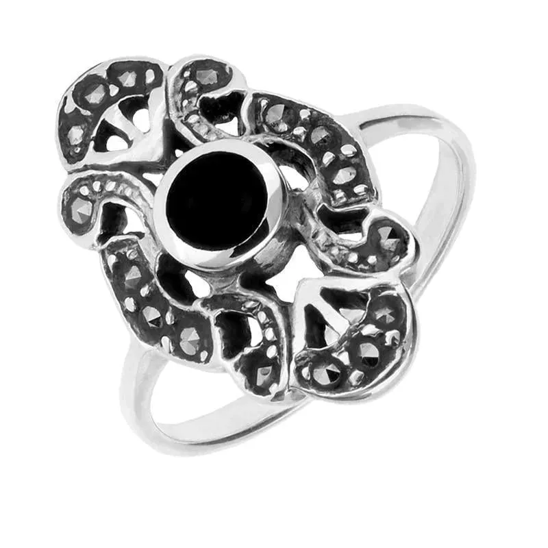 Sterling Silver Whitby Jet Marcasite Round Centred Long Dress Ring sold by Jura Watches