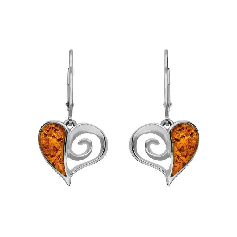 Sterling Silver Amber Heart Drop Earrings sold by Jura Watches