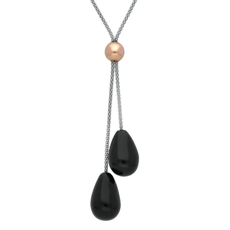 Sterling Silver Whitby Jet Two Stone Double Drop Necklace D sold by Jura Watches