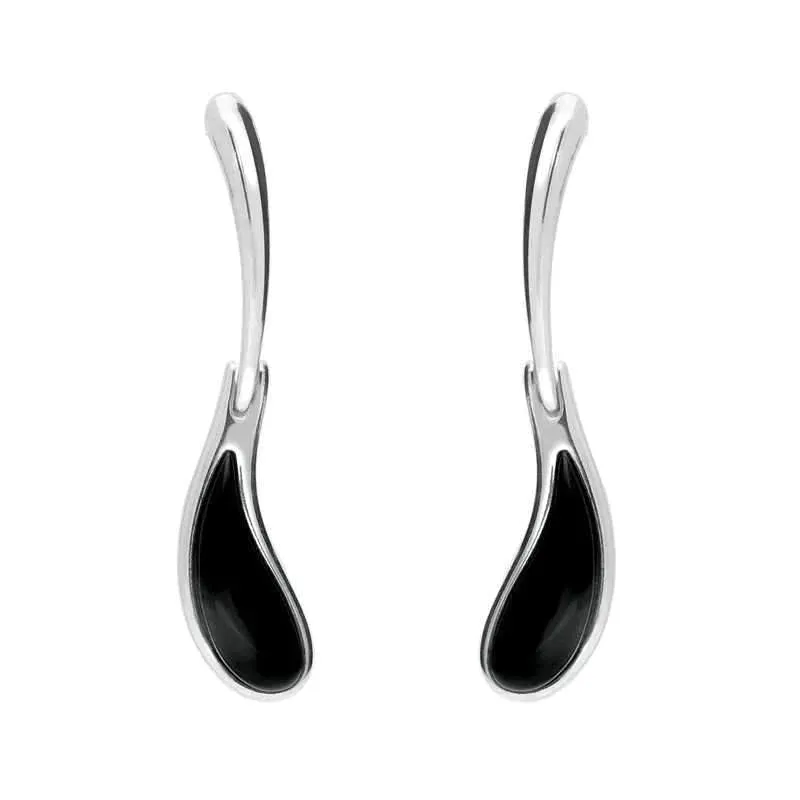 Sterling Silver Whitby Jet Curved Tear Drop Earrings sold by Jura Watches