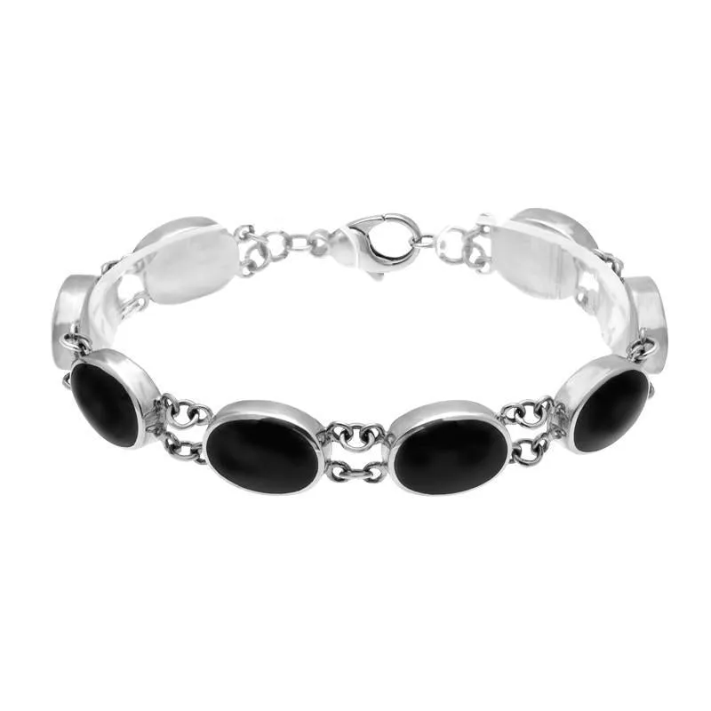 Sterling Silver Whitby Jet Eight Stone Oval Link Bracelet sold by Jura Watches