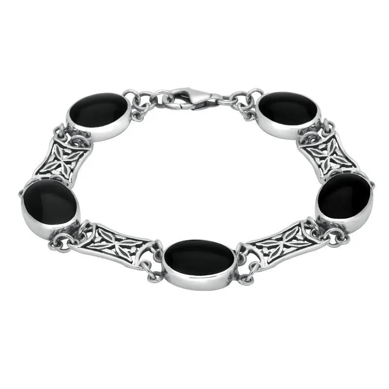 Sterling Silver Whitby Jet Five Stone Pierced Oval Bracelet sold by Jura Watches