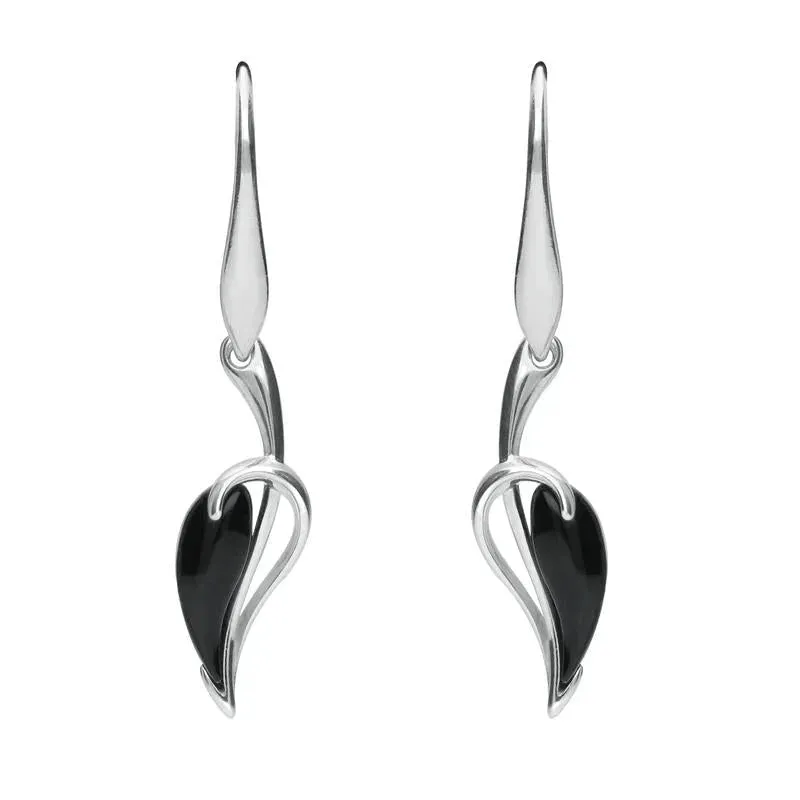 Sterling Silver Whitby Jet Fleur Leaf Drop Earrings sold by Jura Watches