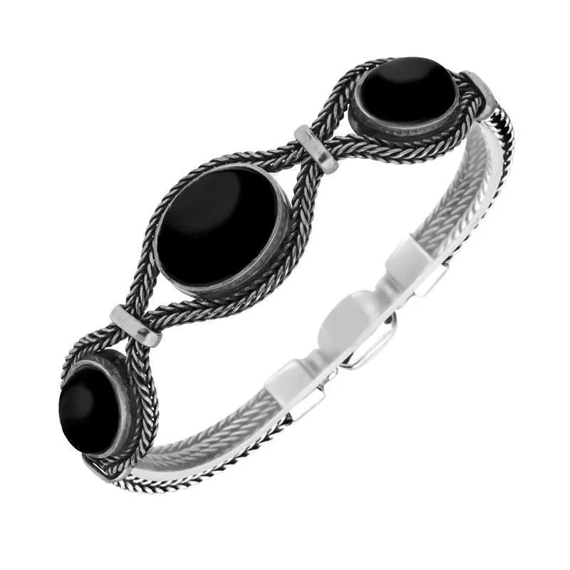 Sterling Silver Whitby Jet Foxtail Three Stone Oval Bracelet D sold by Jura Watches