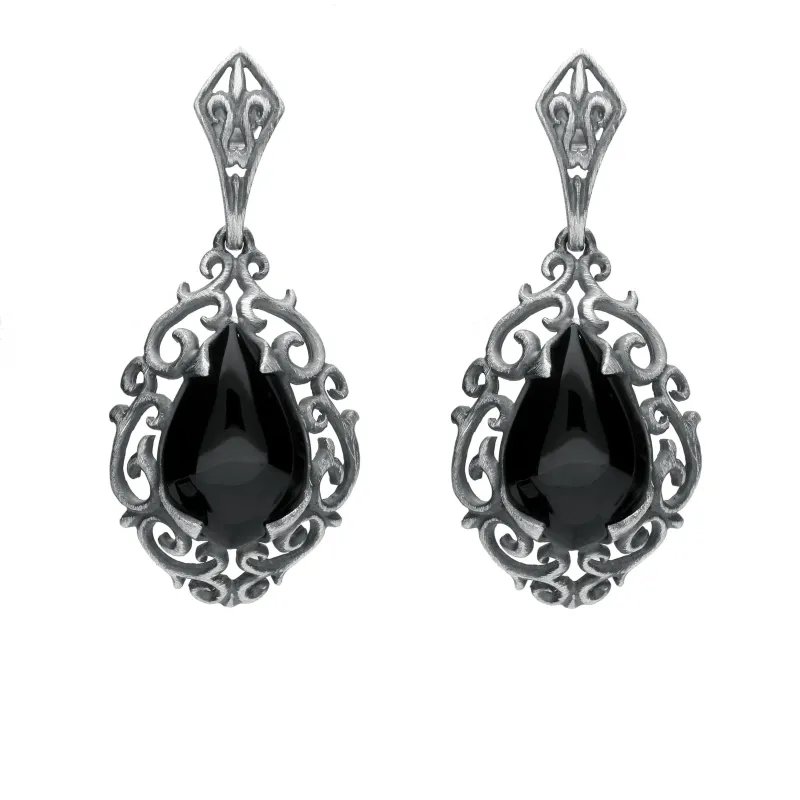 Sterling Silver Whitby Jet Heritage Heavy Carved Pear Earrings sold by Jura Watches