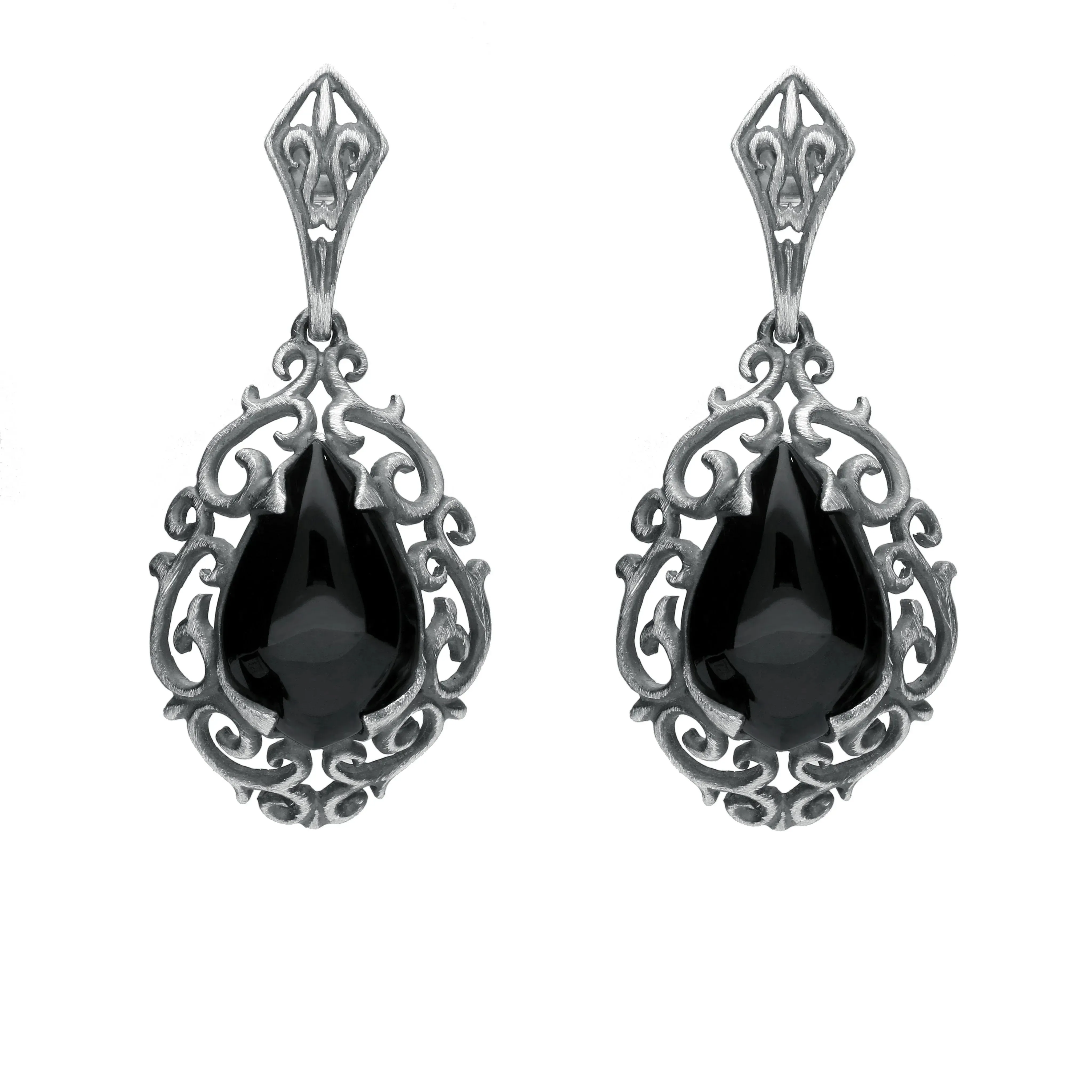 Sterling Silver Whitby Jet Heritage Heavy Carved Pear Earrings sold by Jura Watches