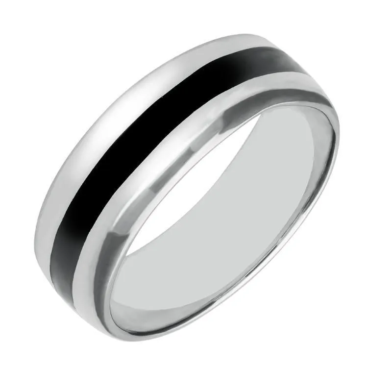 Sterling Silver Whitby Jet Heritage Inlaid Wide Band Ring sold by Jura Watches